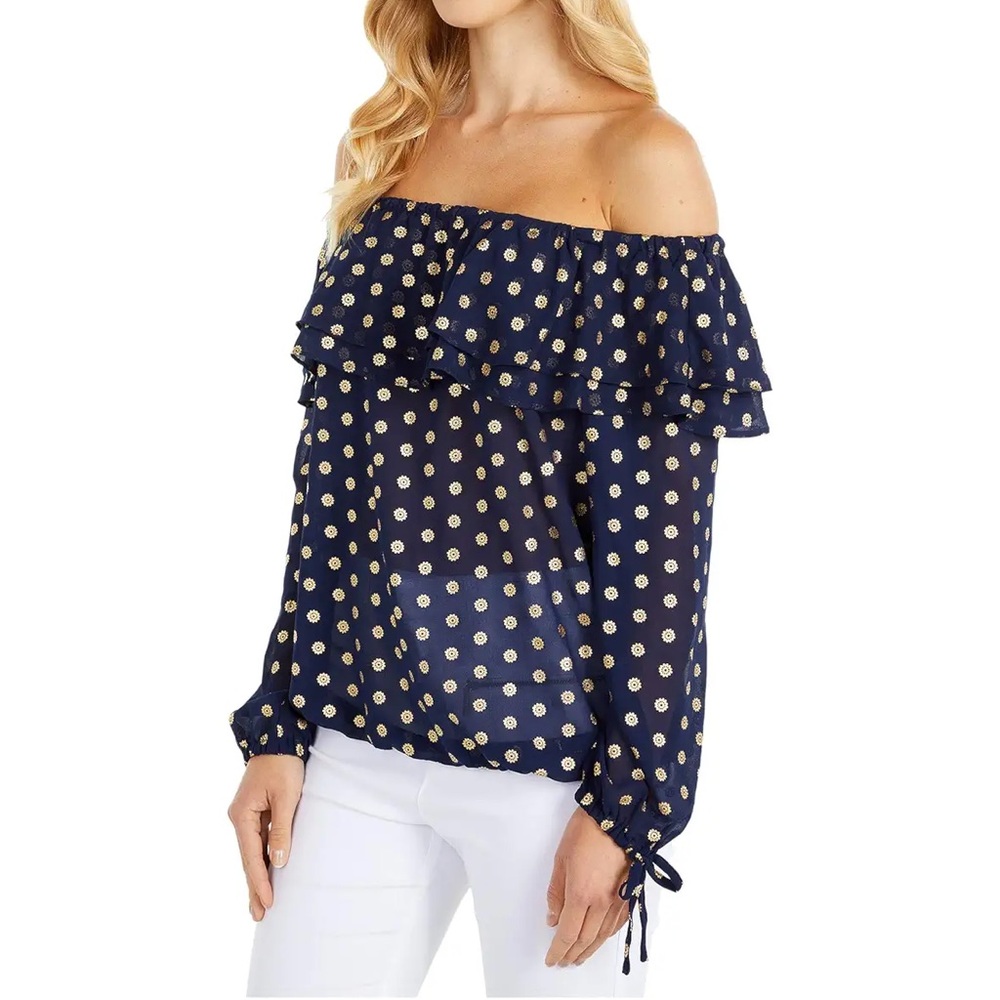 Michael Kors Peasant Top 3/4 Sleeve Elastic Neck Off Shoulder Blue Size P/S